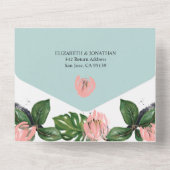 熱帯ジャングル葉フローラとピンクの花モダン オールインワン招待状 (裏面)