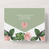 熱帯ジャングル葉フローラとピンクの花モダン オールインワン招待状 (裏面)