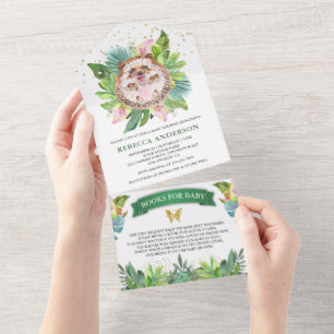 熱帯ジャン素朴グルのかわいいハリネズミのベビーシャワー オールインワン招待状