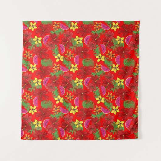 熱帯スイカの果実とハイビスカスレッドフローラ タペストリー (正面(横))