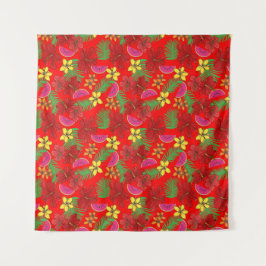 熱帯スイカの果実とハイビスカスレッドフローラ タペストリー