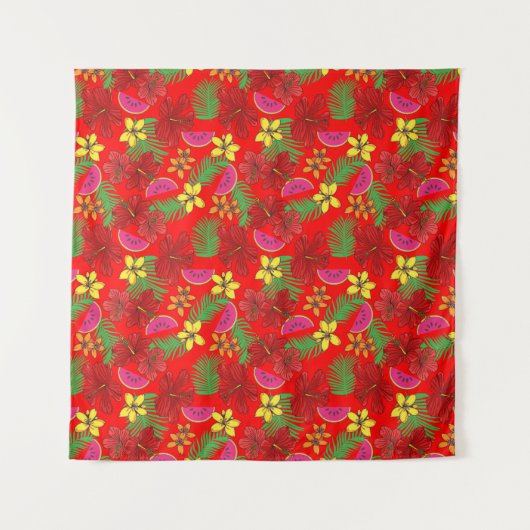 熱帯スイカの果実とハイビスカスレッドフローラ タペストリー (正面)