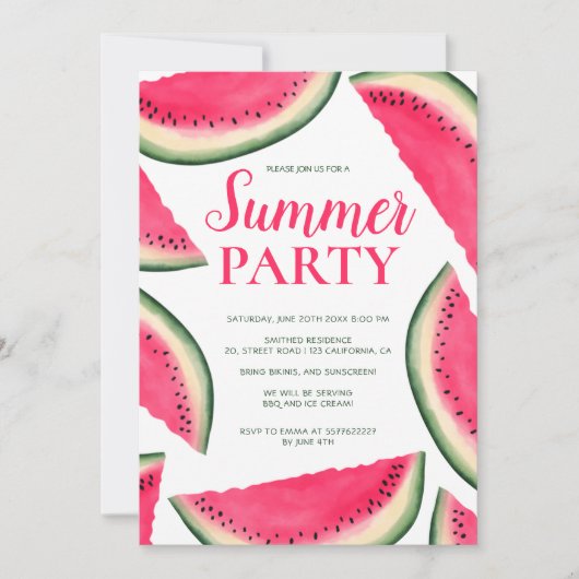 熱帯スイカの水彩夏パーティー 招待状 (正面)