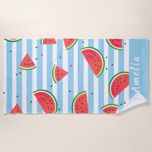 熱帯スイカストライプレッドパーソナライズされた ビーチタオル (正面)