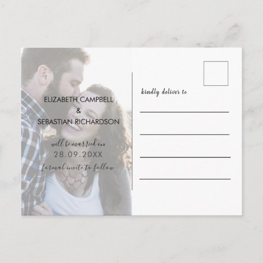 熱帯スクリプト緑の結婚式の日付を保存 案内ポストカード (裏面)