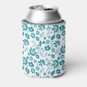 熱帯ターコイズティール（緑がかった色）ブルーフローラルパターン 缶クーラー (缶裏面)