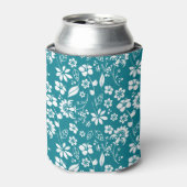 熱帯ターコイズティール（緑がかった色）ブルーフローラルパターン 缶クーラー (缶正面)