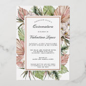 熱帯ダスティピンクホワイトフローラキンセアニェラ金ゴールド 箔招待状 (正面)