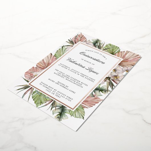熱帯ダスティピンクホワイトフローラキンセアニェラ金ゴールド 箔招待状 (回転した状態)