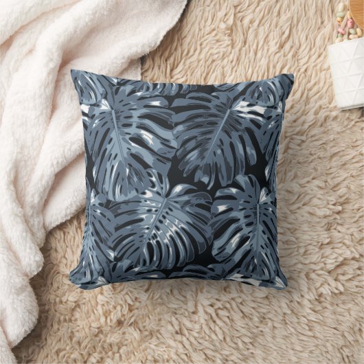 熱帯ダークミュートされたブルーパーム葉 クッション (ブランケット)