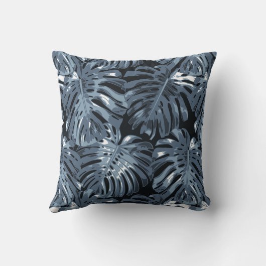 熱帯ダークミュートされたブルーパーム葉 クッション (裏面)
