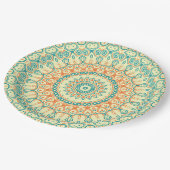 熱帯ティール（緑がかった色）とオレンジマンダラパターン ペーパープレート (アングル)