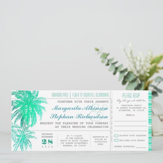 熱帯ティール（緑がかった色）のビーチ結婚式のチケット-搭乗券 招待状 (スタンド正面)
