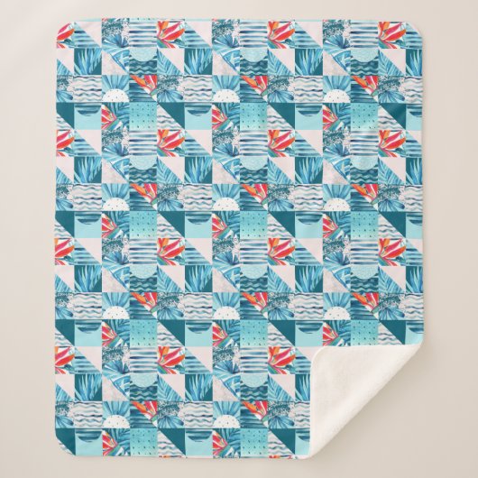 熱帯ティール(緑がかった色)の幾何学的で抽象的なパターン シェルパブランケット (正面)