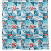 熱帯ティール（緑がかった色）の幾何学的で抽象的なパターン シャワーカーテン (正面)