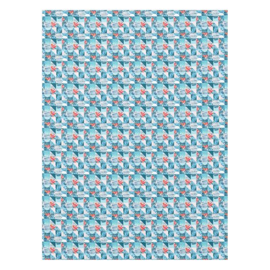 熱帯ティール（緑がかった色）の幾何学的で抽象的なパターン テーブルクロス (正面)