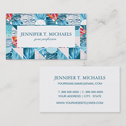 熱帯ティール(緑がかった色)の幾何学的で抽象的なパターン 名刺 (正面/裏面)