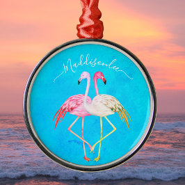 熱帯ティール（緑がかった色）の水の色モノグラムピンクフラミンゴ メタルオーナメント