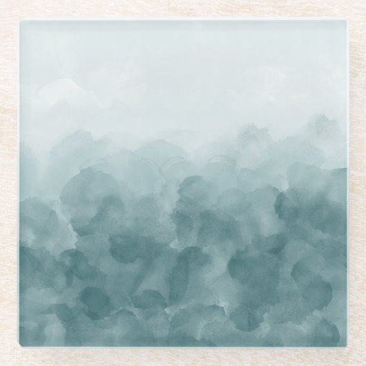 熱帯ティール（緑がかった色）の青の水彩画 ガラスコースター (正面)