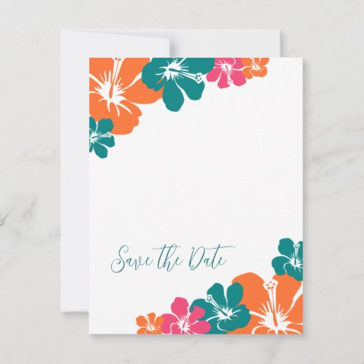熱帯ティール（緑がかった色）オレンジピンクハイビスカス保存日 招待状 (裏面)