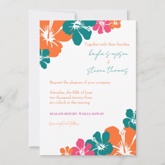 熱帯ティール(緑がかった色)オレンジピンクハイビスカス結婚ズ 招待状 (正面)