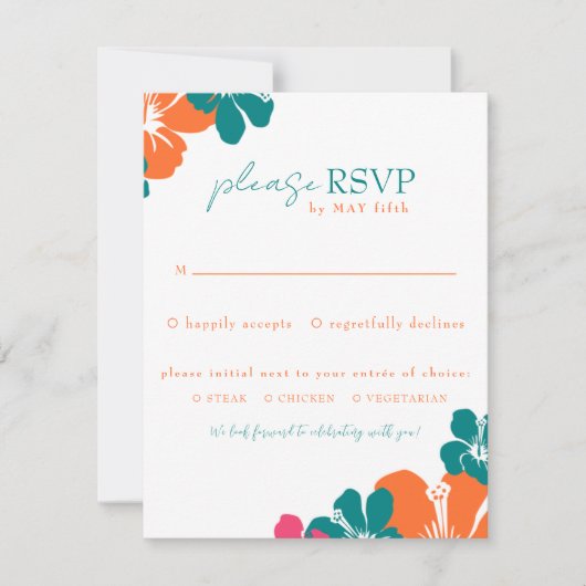 熱帯ティール（緑がかった色）オレンジピンクハイビスカス 出欠カード (正面)