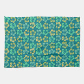 熱帯ティール(緑がかった色)ハイビスカスフラワーパターン キッチンタオル (横)