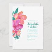 熱帯ティール(緑がかった色)ピンクコーラルフラワー結婚式招待状 招待状 (正面)