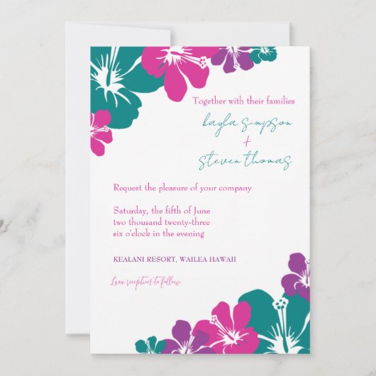 熱帯ティール(緑がかった色)ピンクパープルハイビスカス結婚ズ 招待状 (正面)