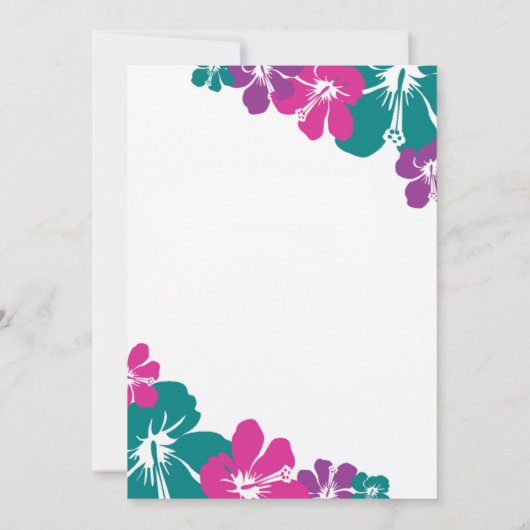熱帯ティール（緑がかった色）ピンクパープルハイビスカス結婚ズ 招待状 (裏面)