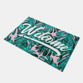 熱帯ティール(緑がかった色)ピンクモンステラジャングル離れ ドアマット (アングル)