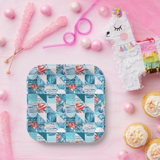 熱帯ティール(緑がかった色)幾何学的抽象芸術パターン ペーパープレート (パーティー)