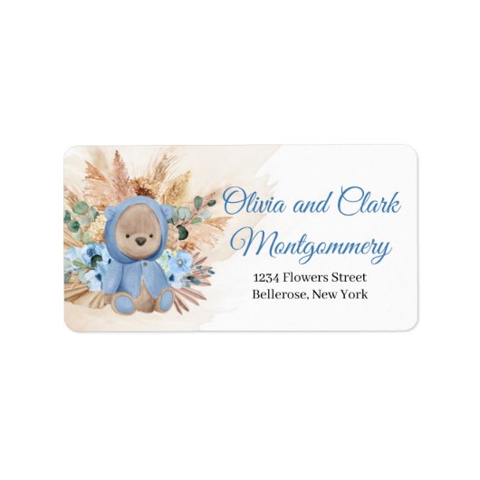 熱帯テディベア青い花の乾燥したヤシのパンパ ラベル (正面)