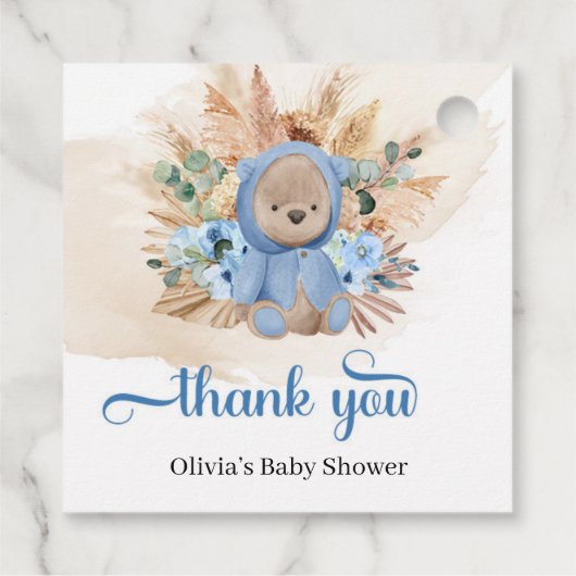 熱帯テディベア青い花ヤシの赤ちゃんシャワー フェイバータグ (裏面)