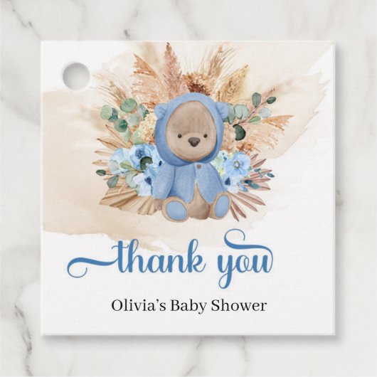 熱帯テディベア青い花ヤシの赤ちゃんシャワー フェイバータグ (正面)