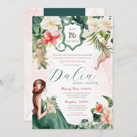 熱帯テーマグリーンとピンクの夏キンセアニェラ 招待状 (正面/裏面)