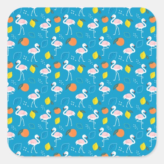 熱帯テーマフラミンゴの果実(青い背景) スクエアシール (正面)