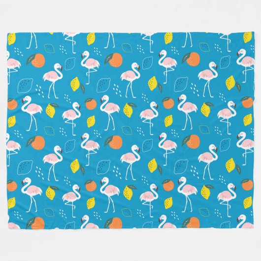 熱帯テーマフラミンゴの果実(青い背景) フリースブランケット (正面(横))