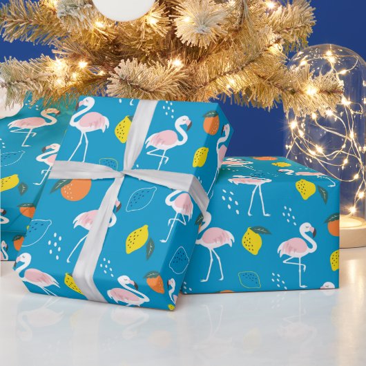 熱帯テーマフラミンゴの果実（青い背景） ラッピングペーパー (クリスマス)