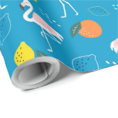 熱帯テーマフラミンゴの果実（青い背景） ラッピングペーパー (ロールコーナー)