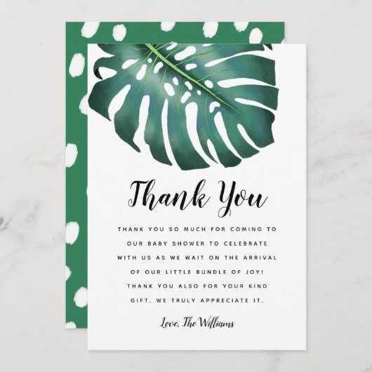 熱帯テーマベイビーシャワーグリーン サンキューカード (正面/裏面)