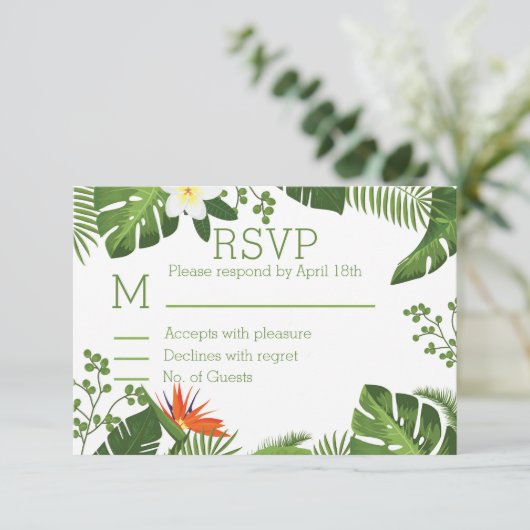 熱帯テーマ植物のRSVPの結婚式 出欠カード (スタンド正面)