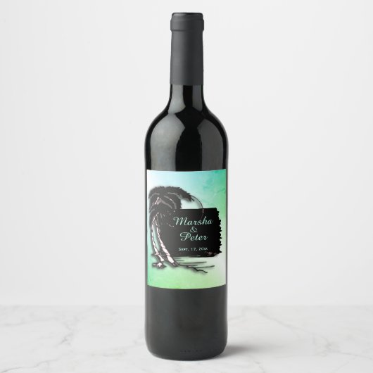 熱帯デザインの緑の濃淡の名前と日付 ワインラベル (正面)