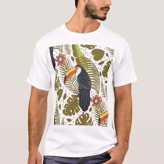 熱帯トゥーカンの鳥のヴィンテージパターン Tシャツ (正面)