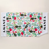 熱帯トスカーナの鳥と熱帯の花のパターン ビーチタオル (正面)