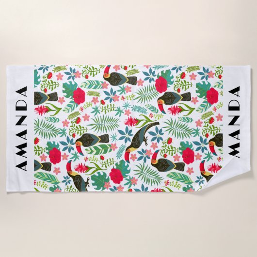 熱帯トスカーナの鳥と熱帯の花のパターン ビーチタオル (正面)