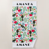 熱帯トスカーナの鳥と熱帯の花のパターン ビーチタオル (正面)