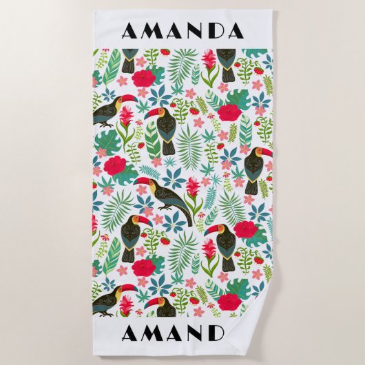 熱帯トスカーナの鳥と熱帯の花のパターン ビーチタオル (正面)