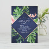 熱帯ネイビーブルーウォーターカラージオメトリック結婚ス 招待状 (スタンド正面)
