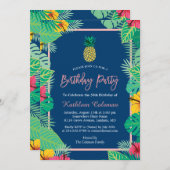 熱帯ネイビーブルー金ゴールドパイナップル誕生日パーティー 招待状 (正面/裏面)